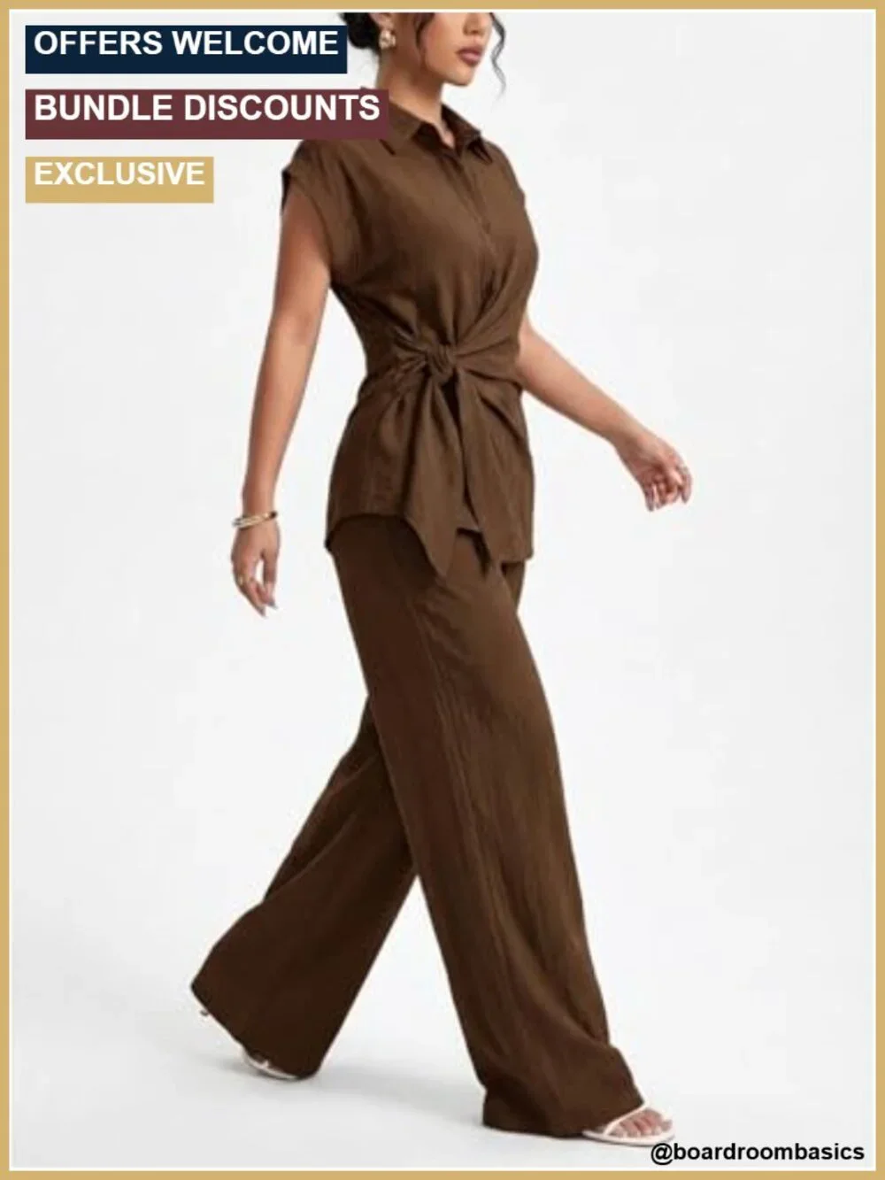 Women's Two Piece Cap Sleeve Tie Waist Wide Leg Pant Set